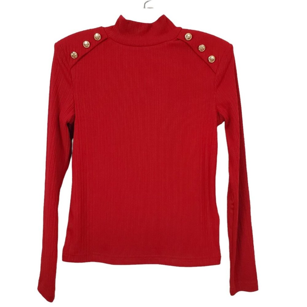 Walter Baker Womens Knit Top S Red Rouge Ribbed Mock Neck Button Shoulder